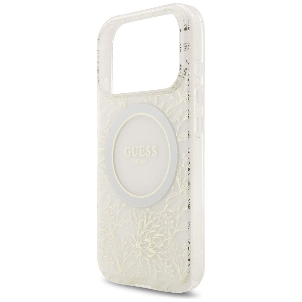 Husa MagSafe pentru Apple iPhone 17 Pro, Guess, IML Flowers Allover Electroplated with Pearl Strap, Alba