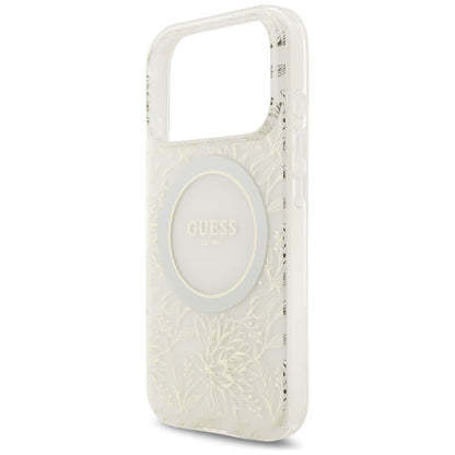 Husa MagSafe pentru Apple iPhone 17 Pro, Guess, IML Flowers Allover Electroplated with Pearl Strap, Alba