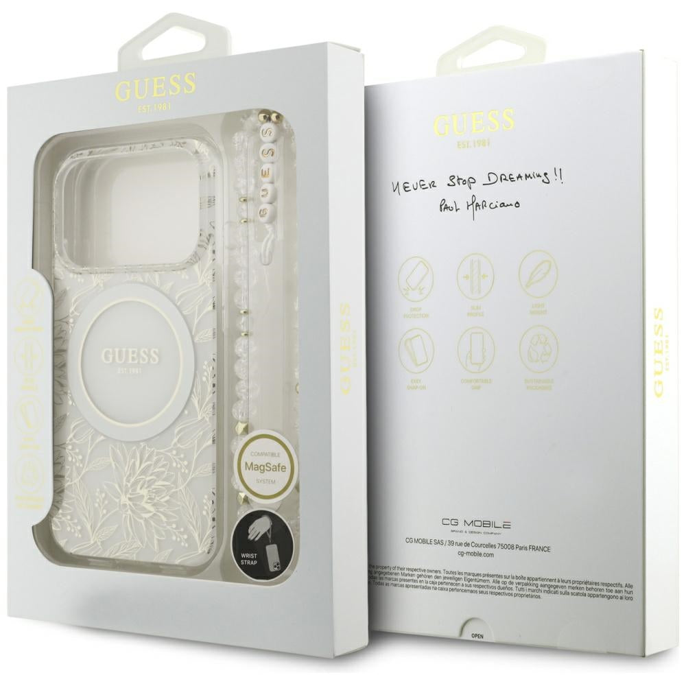 Husa MagSafe pentru Apple iPhone 17 Pro, Guess, IML Flowers Allover Electroplated with Pearl Strap, Alba