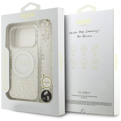 Husa MagSafe pentru Apple iPhone 17 Pro, Guess, IML Flowers Allover Electroplated with Pearl Strap, Alba