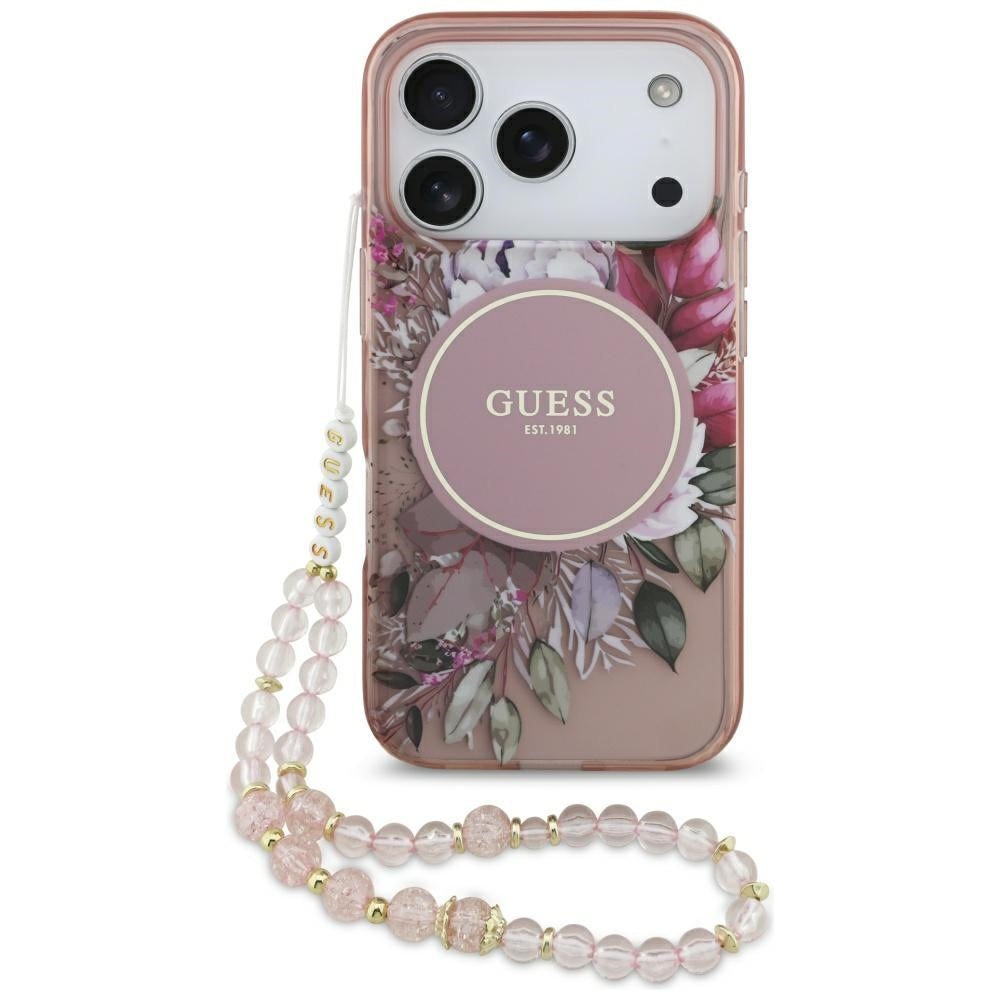 Husa MagSafe pentru Apple iPhone 17 Pro, Guess, IML Flowers with Pearl Strap, Roz