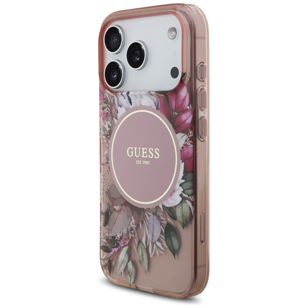 Husa MagSafe pentru Apple iPhone 17 Pro, Guess, IML Flowers with Pearl Strap, Roz