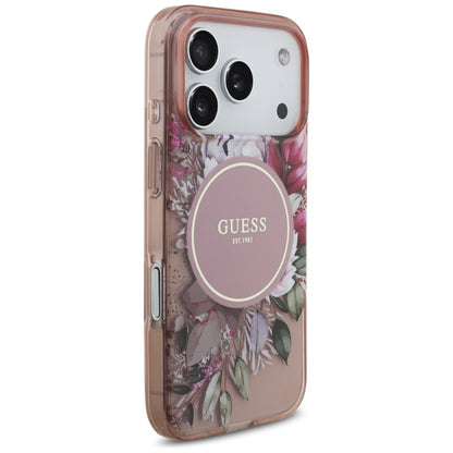 Husa MagSafe pentru Apple iPhone 17 Pro, Guess, IML Flowers with Pearl Strap, Roz