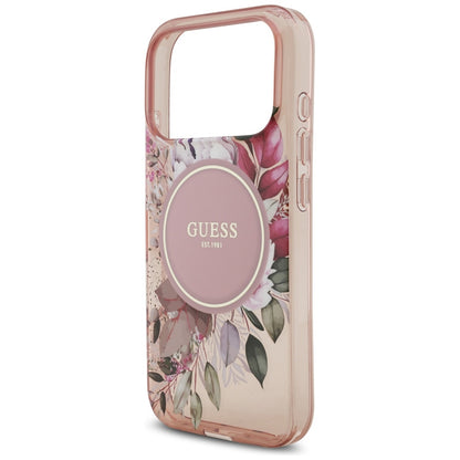 Husa MagSafe pentru Apple iPhone 17 Pro, Guess, IML Flowers with Pearl Strap, Roz