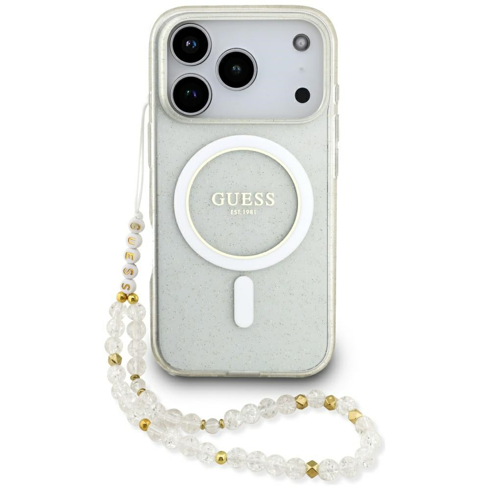 Husa MagSafe pentru Apple iPhone 17 Pro, Guess, IML Glitter with Pearl Strap, Transparenta