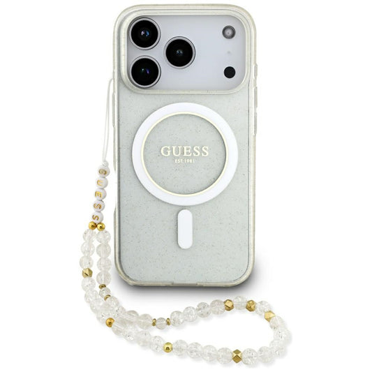 Husa MagSafe pentru Apple iPhone 17 Pro, Guess, IML Glitter with Pearl Strap, Transparenta