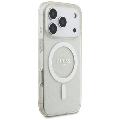 Husa MagSafe pentru Apple iPhone 17 Pro, Guess, IML Glitter with Pearl Strap, Transparenta