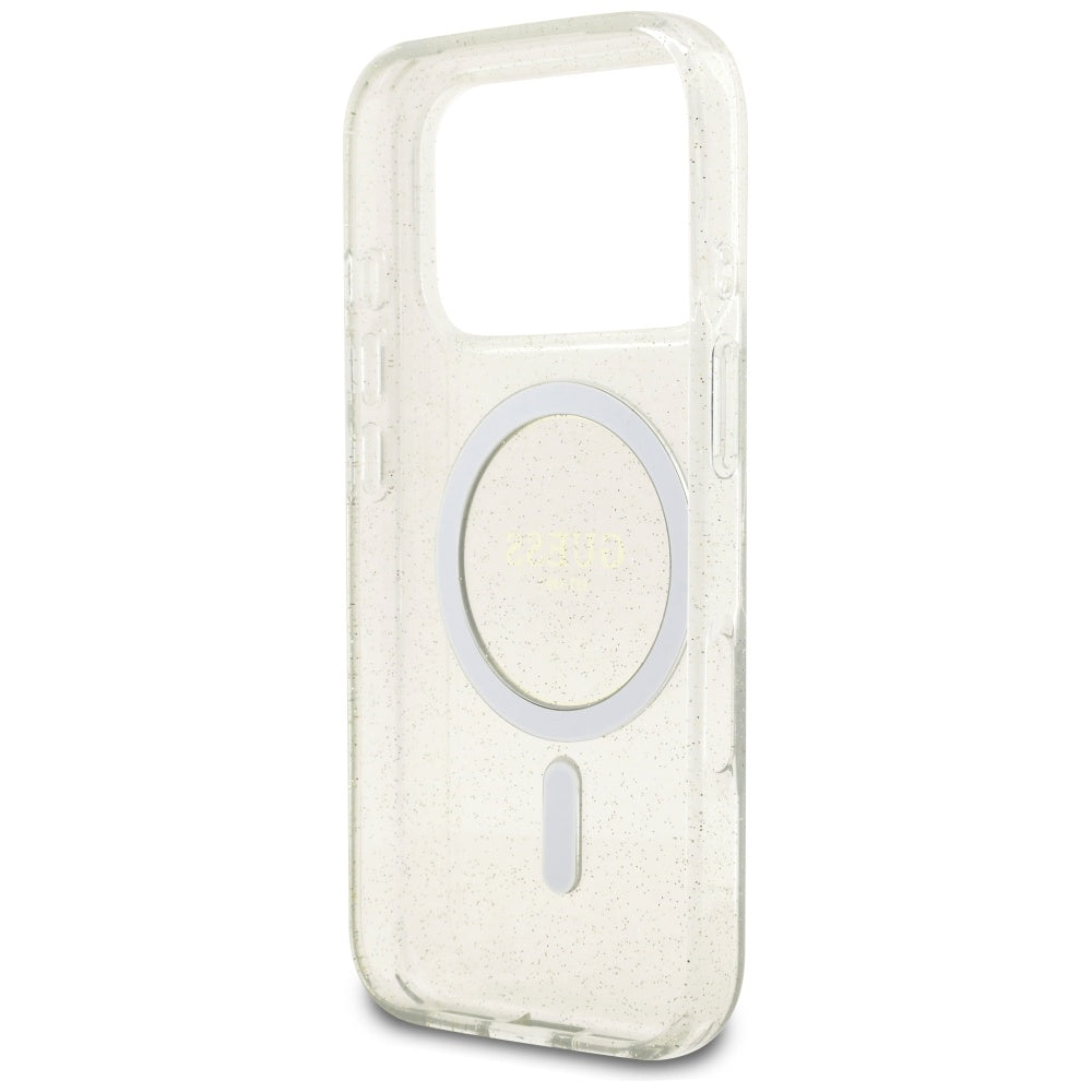 Husa MagSafe pentru Apple iPhone 17 Pro, Guess, IML Glitter with Pearl Strap, Transparenta