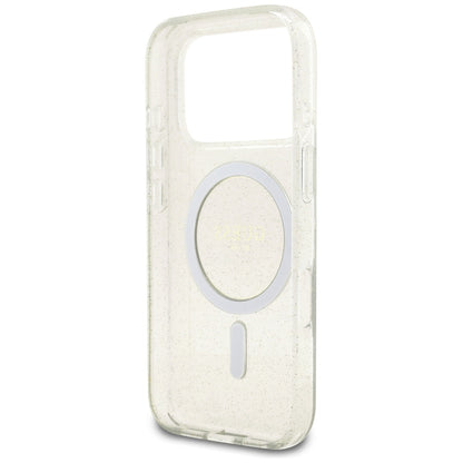 Husa MagSafe pentru Apple iPhone 17 Pro, Guess, IML Glitter with Pearl Strap, Transparenta