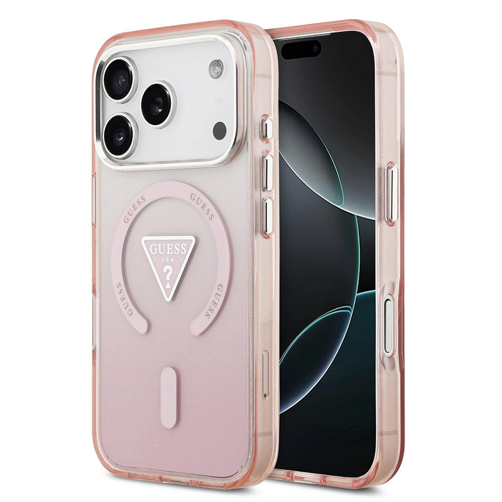 Husa MagSafe pentru Apple iPhone 17 Pro, Guess, IML Gradient Triangle Logo, Roz