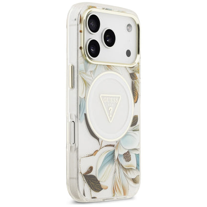 Husa MagSafe pentru Apple iPhone 17 Pro, Guess, IML Metal Glitter Flowers Triangle, Alba