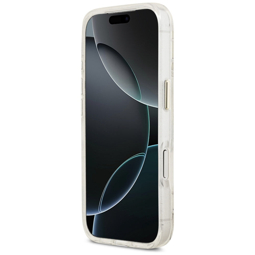 Husa MagSafe pentru Apple iPhone 17 Pro, Guess, IML Metal Glitter Flowers Triangle, Alba