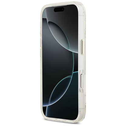 Husa MagSafe pentru Apple iPhone 17 Pro, Guess, IML Metal Glitter Flowers Triangle, Alba