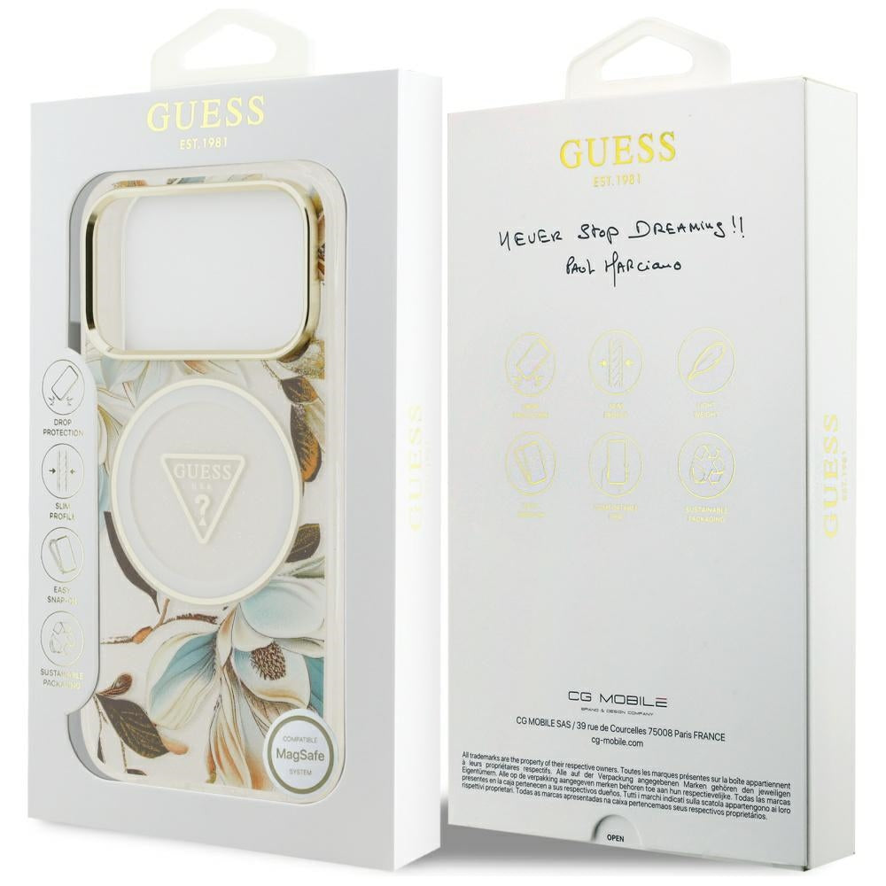 Husa MagSafe pentru Apple iPhone 17 Pro, Guess, IML Metal Glitter Flowers Triangle, Alba