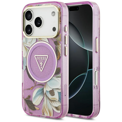 Husa MagSafe pentru Apple iPhone 17 Pro, Guess, IML Metal Glitter Flowers Triangle, Mov
