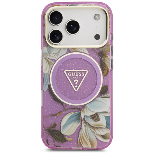 Husa MagSafe pentru Apple iPhone 17 Pro, Guess, IML Metal Glitter Flowers Triangle, Mov