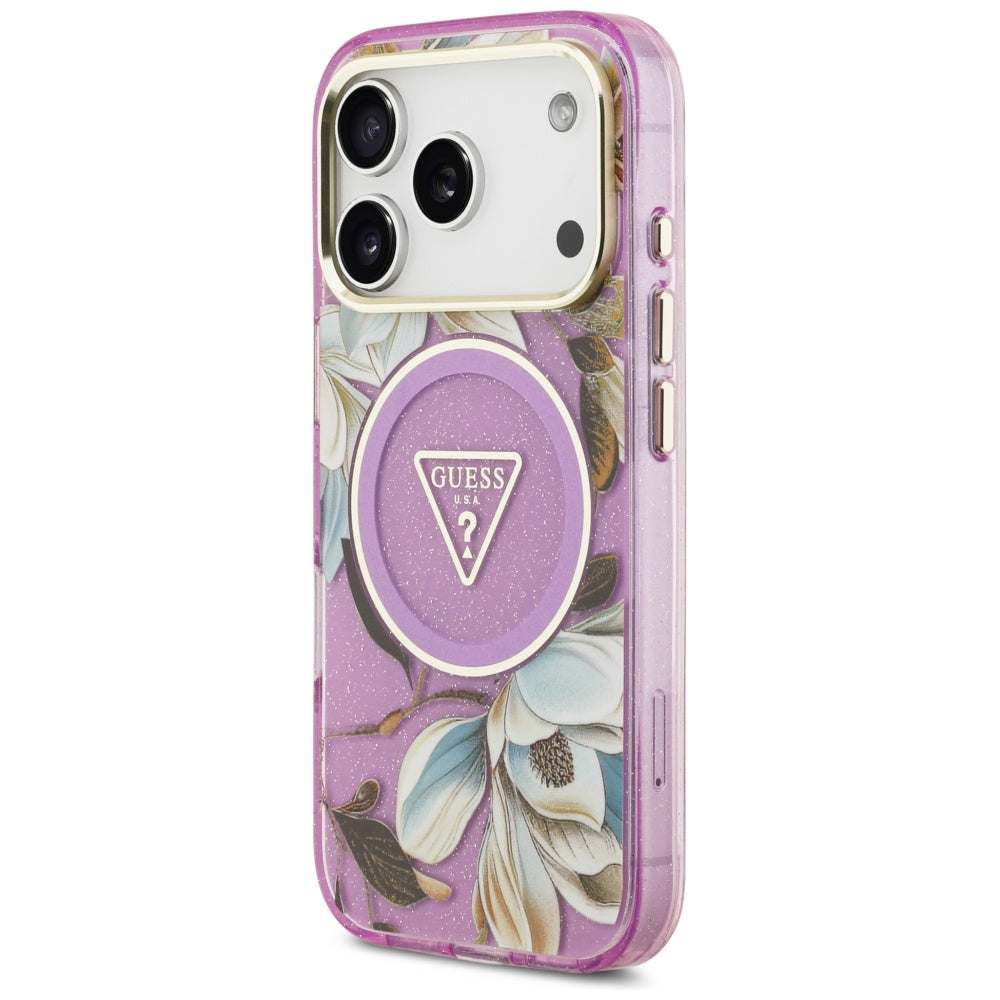 Husa MagSafe pentru Apple iPhone 17 Pro, Guess, IML Metal Glitter Flowers Triangle, Mov