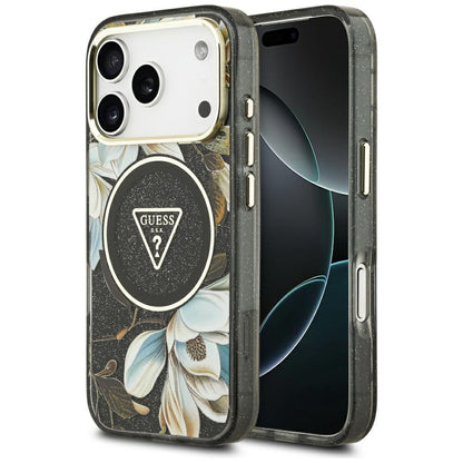 Husa MagSafe pentru Apple iPhone 17 Pro, Guess, IML Metal Glitter Flowers Triangle, Neagra