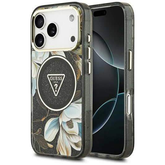 Husa MagSafe pentru Apple iPhone 17 Pro, Guess, IML Metal Glitter Flowers Triangle, Neagra