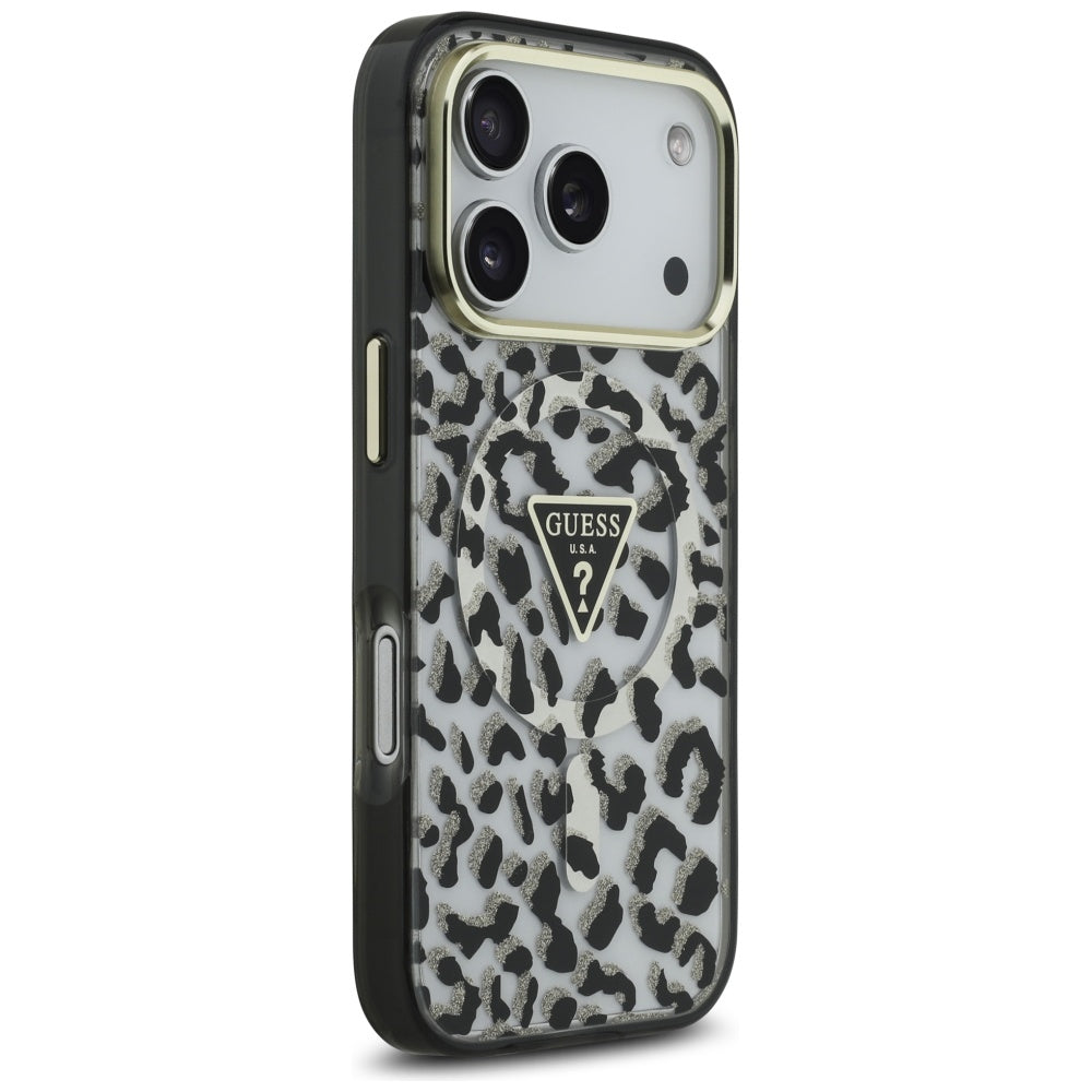 Husa MagSafe pentru Apple iPhone 17 Pro, Guess, Leopard Glitter, Neagra