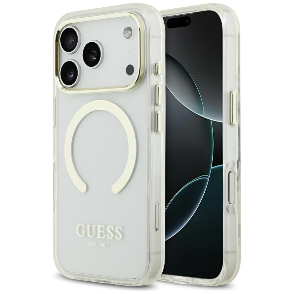 Husa MagSafe pentru Apple iPhone 17 Pro, Guess, Metal Outline, Aurie