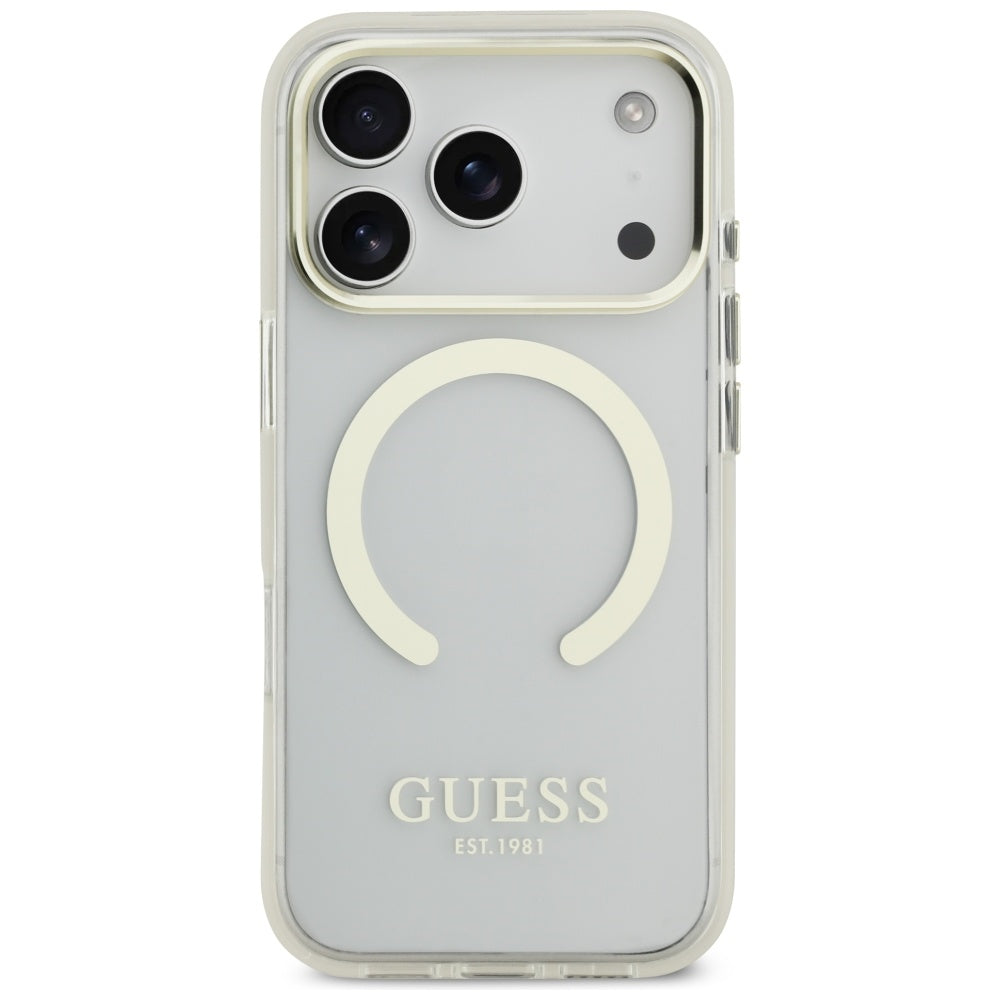 Husa MagSafe pentru Apple iPhone 17 Pro, Guess, Metal Outline, Aurie