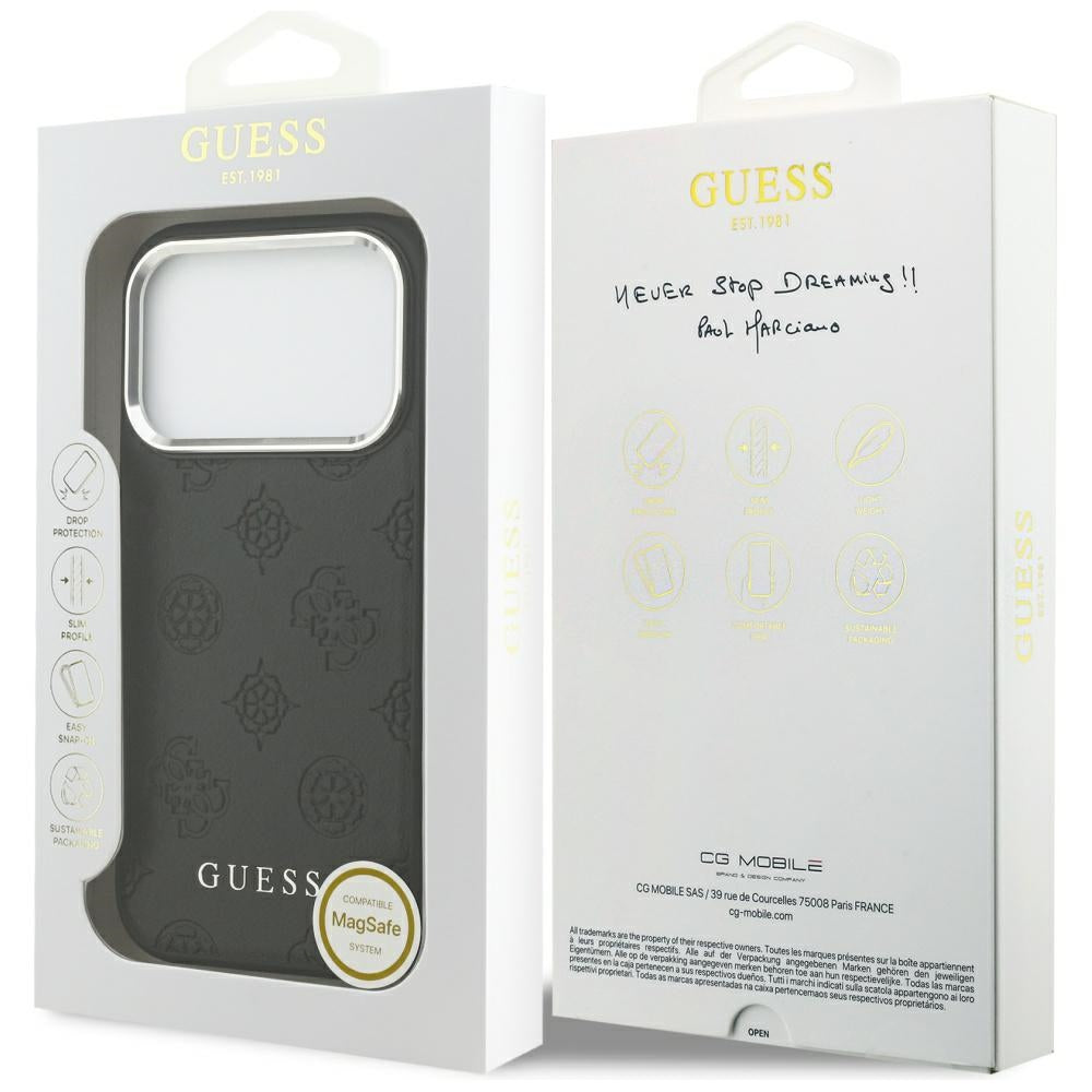 Husa MagSafe pentru Apple iPhone 17 Pro, Guess, Peony Hot Stamp Script, Neagra