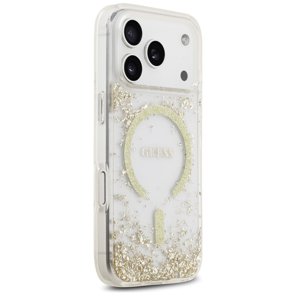 Husa MagSafe pentru Apple iPhone 17 Pro, Guess, Resin Bottom Glitter , Aurie