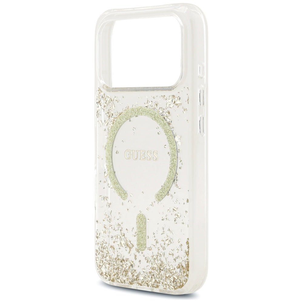 Husa MagSafe pentru Apple iPhone 17 Pro, Guess, Resin Bottom Glitter , Aurie