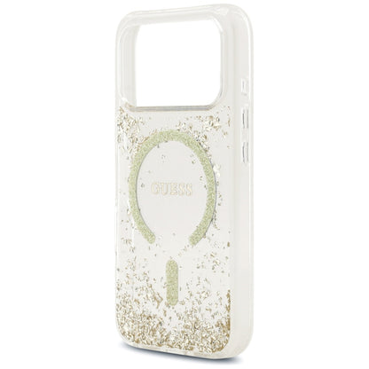 Husa MagSafe pentru Apple iPhone 17 Pro, Guess, Resin Bottom Glitter , Aurie