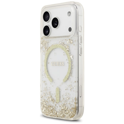 Husa MagSafe pentru Apple iPhone 17 Pro, Guess, Resin Bottom Glitter , Aurie