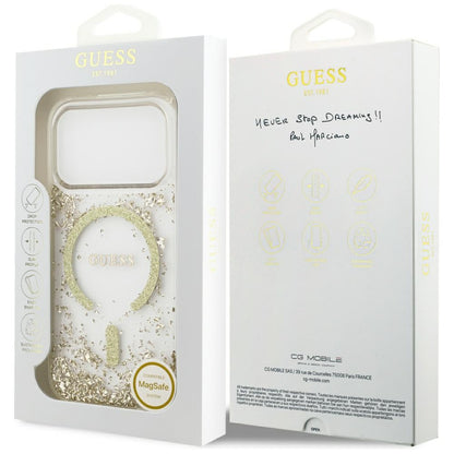 Husa MagSafe pentru Apple iPhone 17 Pro, Guess, Resin Bottom Glitter , Aurie
