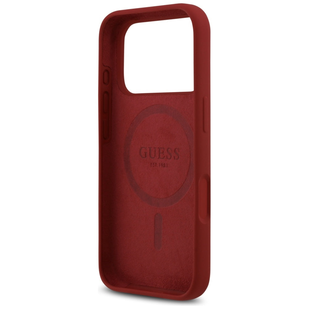 Husa MagSafe pentru Apple iPhone 17 Pro, Guess, Script Metal Logo, Rosie