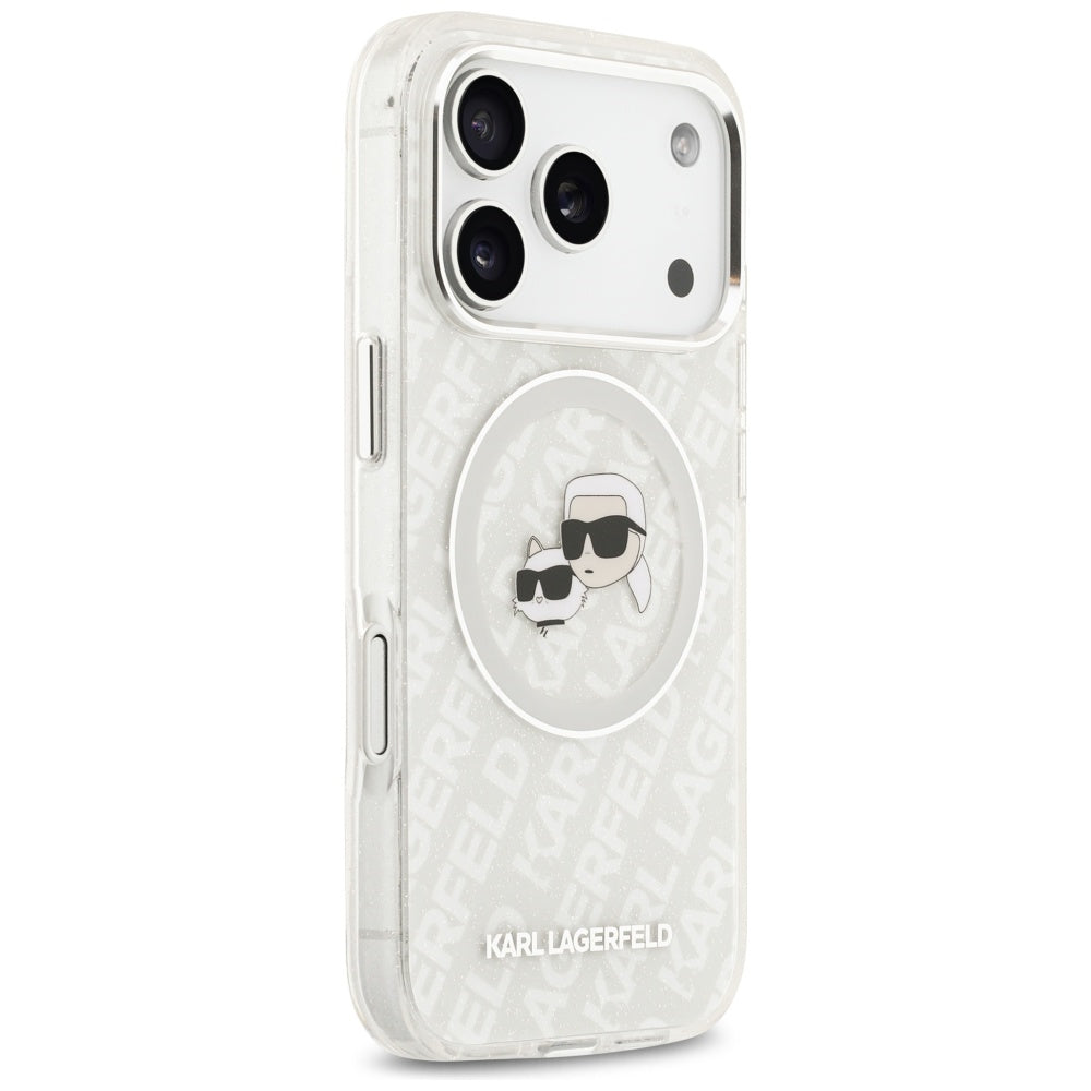Husa MagSafe pentru Apple iPhone 17 Pro, Karl Lagerfeld, Glitter Karl & Choupette Head, Alba