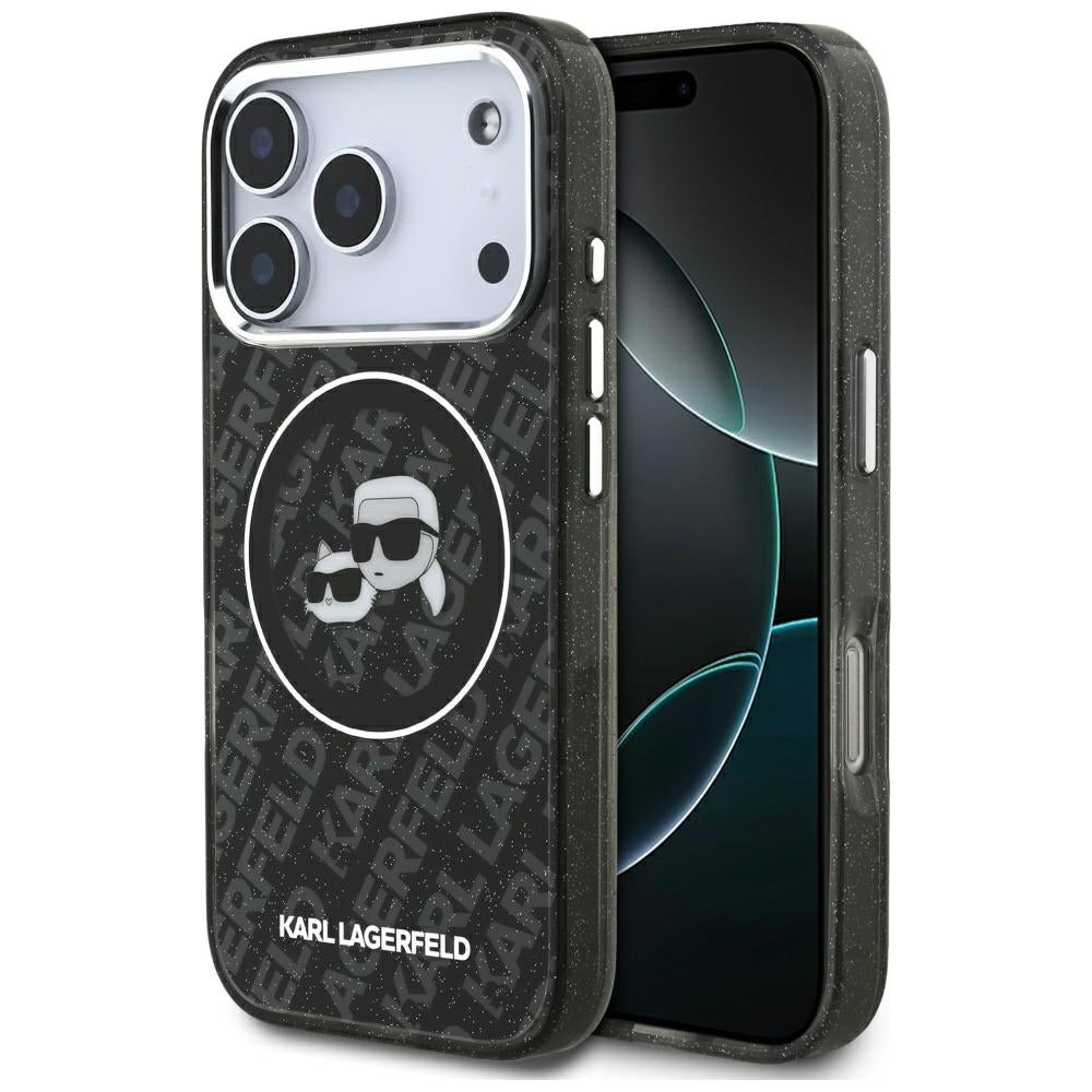 Husa MagSafe pentru Apple iPhone 17 Pro, Karl Lagerfeld, Glitter Karl & Choupette Head, Neagra
