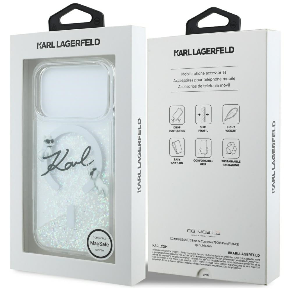 Husa MagSafe pentru Apple iPhone 17 Pro, Karl Lagerfeld, Glitter Karl Script Logo, Transparenta
