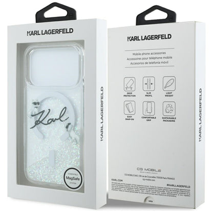 Husa MagSafe pentru Apple iPhone 17 Pro, Karl Lagerfeld, Glitter Karl Script Logo, Transparenta