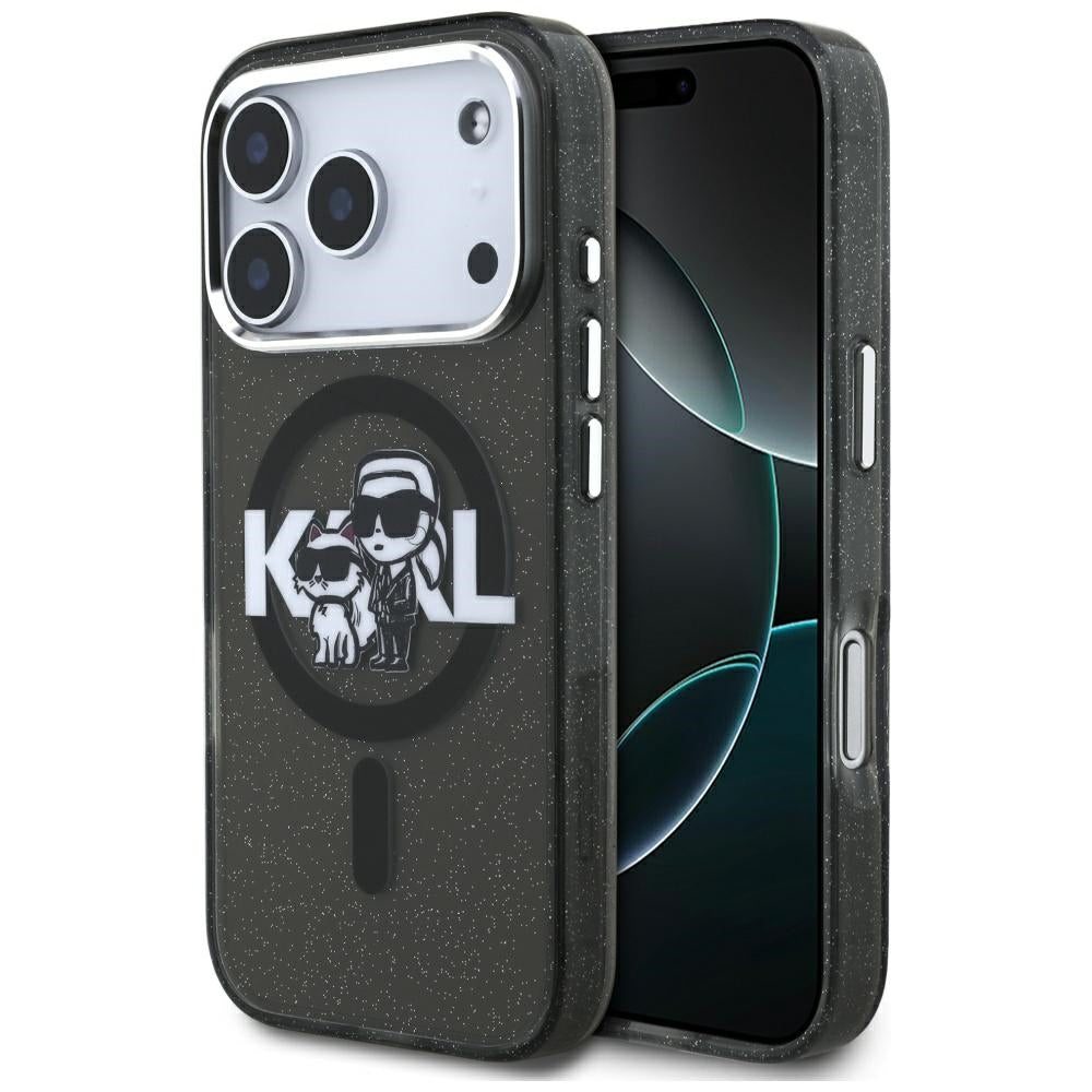 Husa MagSafe pentru Apple iPhone 17 Pro, Karl Lagerfeld, IML Sketch Logo Glitter Karl & Choupette, Neagra