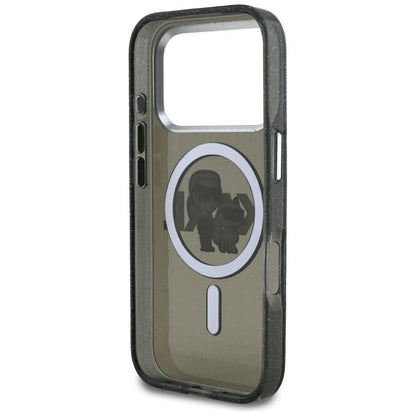 Husa MagSafe pentru Apple iPhone 17 Pro, Karl Lagerfeld, IML Sketch Logo Glitter Karl & Choupette, Neagra