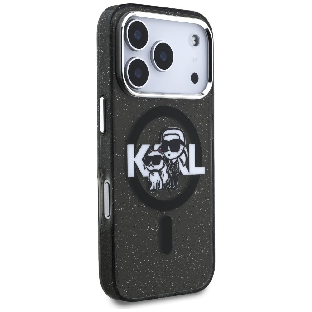Husa MagSafe pentru Apple iPhone 17 Pro, Karl Lagerfeld, IML Sketch Logo Glitter Karl & Choupette, Neagra