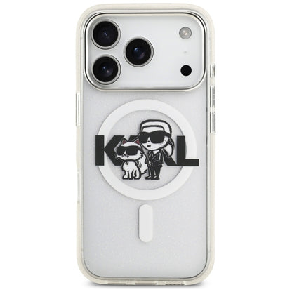 Husa MagSafe pentru Apple iPhone 17 Pro, Karl Lagerfeld, IML Sketch Logo Glitter Karl & Choupette , Transparenta