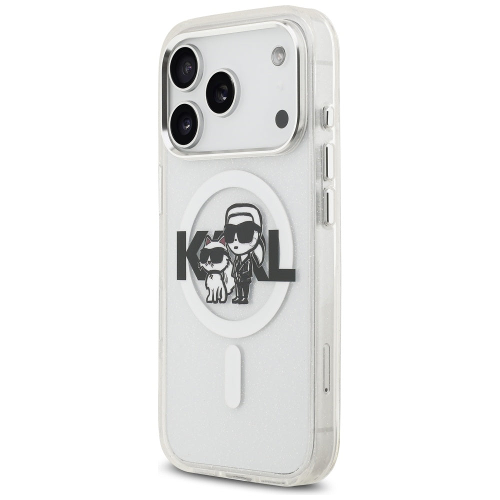 Husa MagSafe pentru Apple iPhone 17 Pro, Karl Lagerfeld, IML Sketch Logo Glitter Karl & Choupette , Transparenta