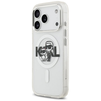 Husa MagSafe pentru Apple iPhone 17 Pro, Karl Lagerfeld, IML Sketch Logo Glitter Karl & Choupette , Transparenta