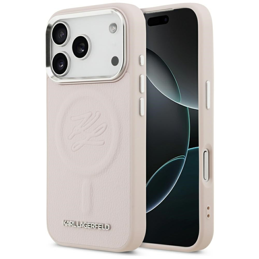 Husa MagSafe pentru Apple iPhone 17 Pro, Karl Lagerfeld, Initial & Metal Logo , Roz
