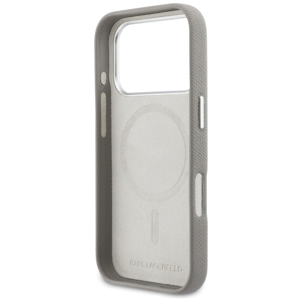 Husa MagSafe pentru Apple iPhone 17 Pro, Karl Lagerfeld, Saffiano Karl & Choupette Pins, Gri