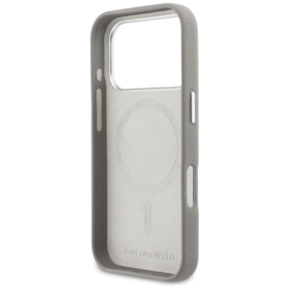 Husa MagSafe pentru Apple iPhone 17 Pro, Karl Lagerfeld, Saffiano Karl & Choupette Pins, Gri