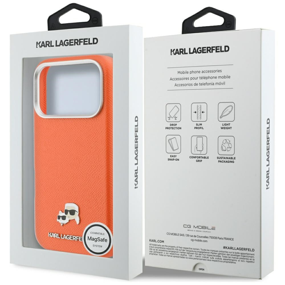 Husa MagSafe pentru Apple iPhone 17 Pro, Karl Lagerfeld, Saffiano Karl & Choupette Pins, Portocalie