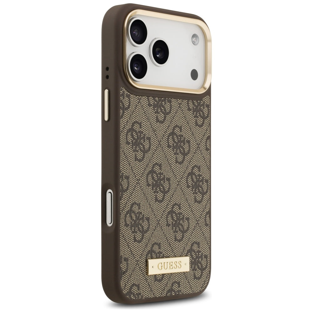 Husa MagSafe pentru Apple iPhone 17 Pro Max, Guess, 4G Logo Plate, Maro