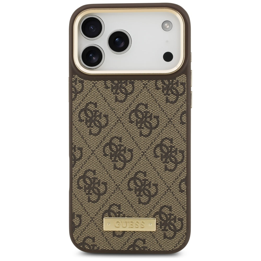 Husa MagSafe pentru Apple iPhone 17 Pro Max, Guess, 4G Logo Plate, Maro