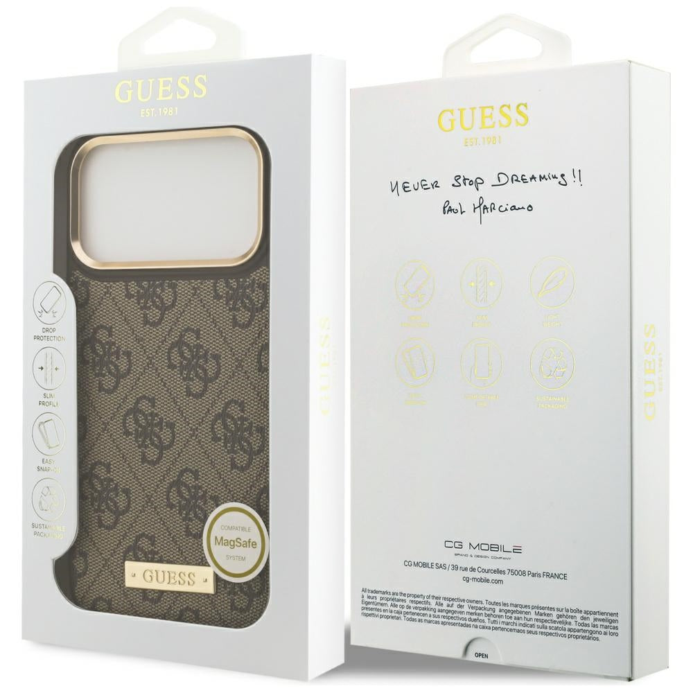 Husa MagSafe pentru Apple iPhone 17 Pro Max, Guess, 4G Logo Plate, Maro